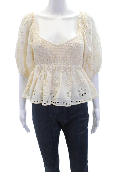 Chaser Womens Short Sleeve Smocked Eyelet Crop Top White Cotton Size Small
