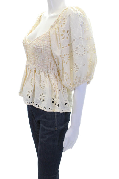 Chaser Womens Short Sleeve Smocked Eyelet Crop Top White Cotton Size Small