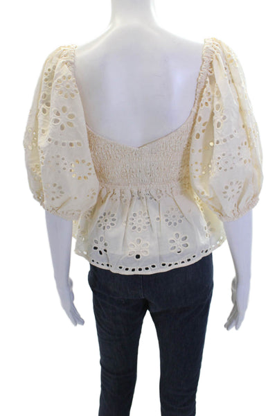 Chaser Womens Short Sleeve Smocked Eyelet Crop Top White Cotton Size Small