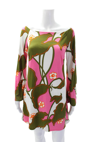 Tibi Womens Floral Print Long Sleeves Dress Green Pink Size Extra Small