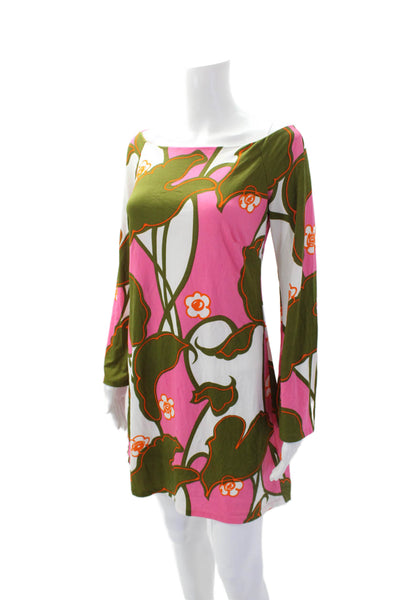 Tibi Womens Floral Print Long Sleeves Dress Green Pink Size Extra Small