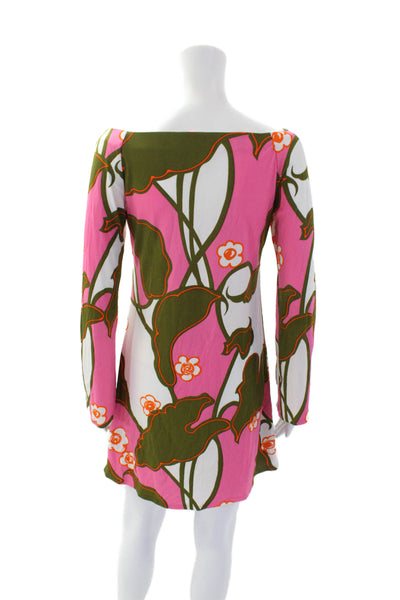 Tibi Womens Floral Print Long Sleeves Dress Green Pink Size Extra Small