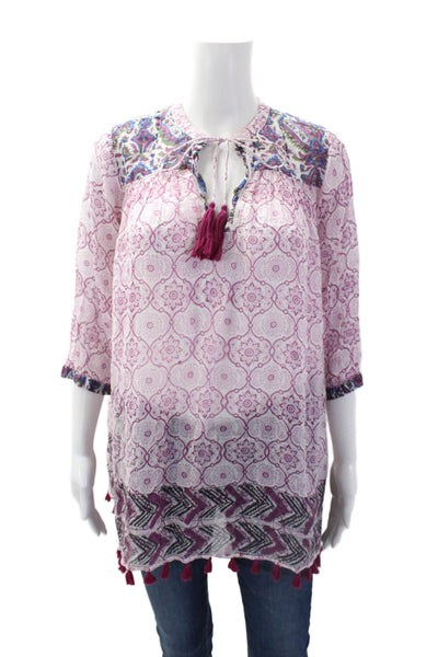 Roberta Roller Rabbit Womens Floral Print Blouse White Purple Size Extra Small