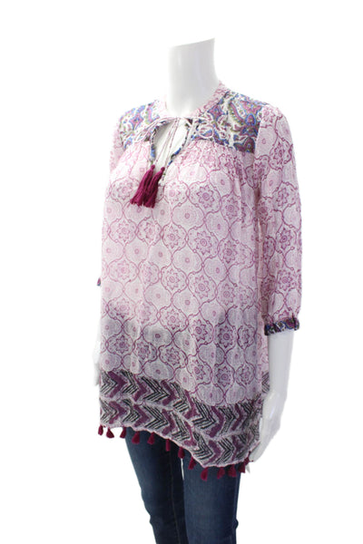 Roberta Roller Rabbit Womens Floral Print Blouse White Purple Size Extra Small