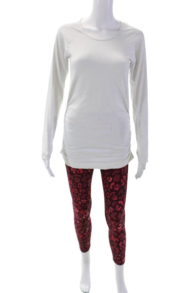 Athleta Womens Striped Long Sleeve Shirt Leopard Leggings Set White Pink Small