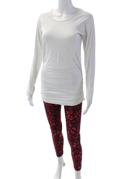 Athleta Womens Striped Long Sleeve Shirt Leopard Leggings Set White Pink Small