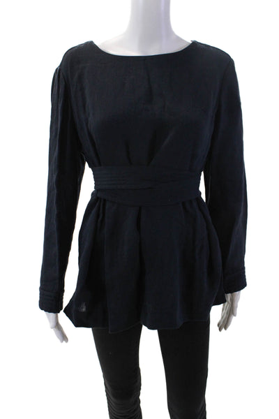 Tramadrke Womens Long Sleeve Scoop Neck Belted Blouse Navy Cotton Size 8