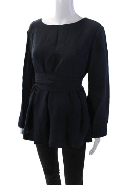 Tramadrke Womens Long Sleeve Scoop Neck Belted Blouse Navy Cotton Size 8