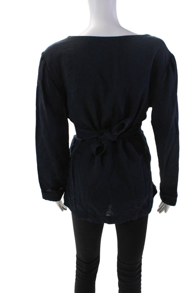 Tramadrke Womens Long Sleeve Scoop Neck Belted Blouse Navy Cotton Size 8