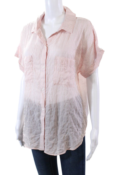 Cloth & Stone Womens Cotton Bledn Striped Short Sleeve Blouse Top Pink Size L