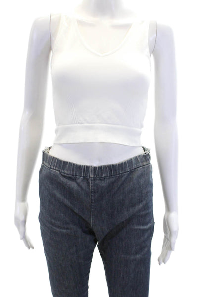ALALA Womens V Neck Ribbed Stretch Knit Cropped Tank Top White Size Medium