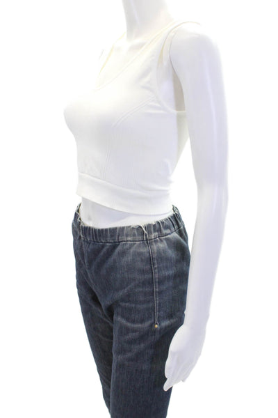 ALALA Womens V Neck Ribbed Stretch Knit Cropped Tank Top White Size Medium