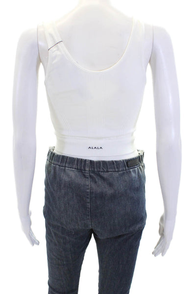 ALALA Womens V Neck Ribbed Stretch Knit Cropped Tank Top White Size Medium