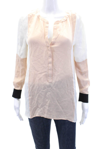 ALC Womens Long Sleeve V Neck Silk Colorblock Shirt Pink White Black Size Small