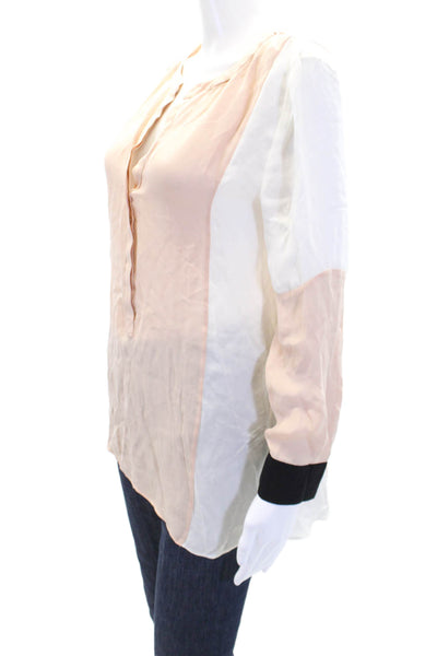 ALC Womens Long Sleeve V Neck Silk Colorblock Shirt Pink White Black Size Small