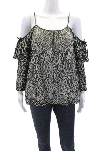 Parker Women Lace Overlay Detail Cold Shoulder Long Sleeve Blouse Black Size M
