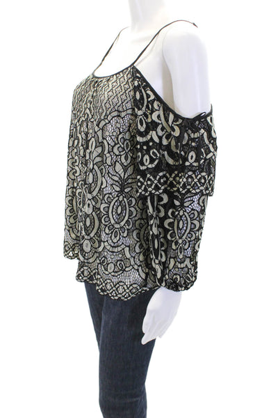 Parker Women Lace Overlay Detail Cold Shoulder Long Sleeve Blouse Black Size M