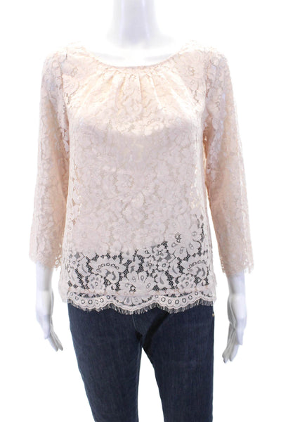 Joie Womens Pleated Neckline Sheer Lace Long Sleeve Blouse Light Pink Size XS