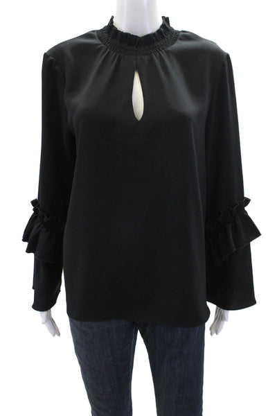Drew Womens Smocked High Neck Long Ruffled Sleeve Blouse Solid Black Size M