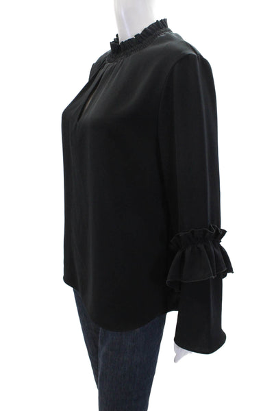 Drew Womens Smocked High Neck Long Ruffled Sleeve Blouse Solid Black Size M