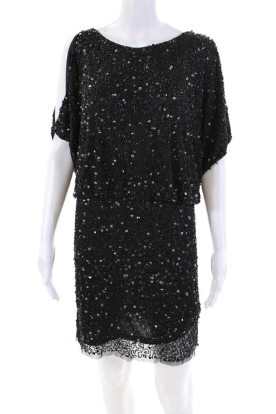 Aidan Mattox Women's V-Neck Short Sleeves Beaded Sequin Mini Dress Black Size 2