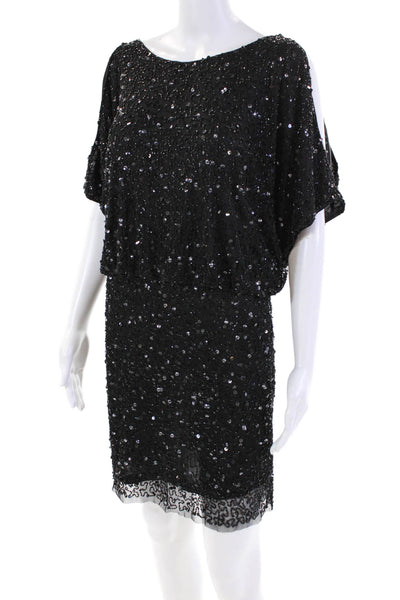 Aidan Mattox Women's V-Neck Short Sleeves Beaded Sequin Mini Dress Black Size 2
