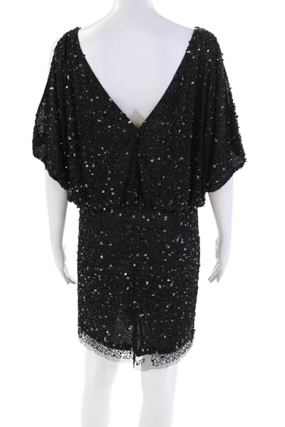 Aidan Mattox Women's V-Neck Short Sleeves Beaded Sequin Mini Dress Black Size 2