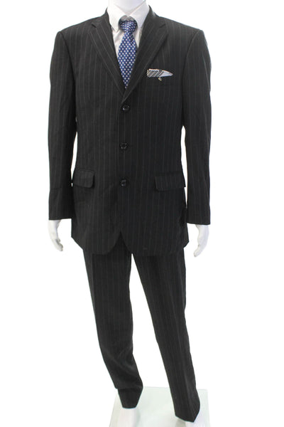 Emanuel Ungaro Mens Lined Collar Striped Suit Blazer Pants Set Black Size EUR 40