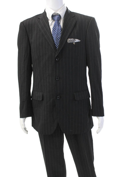 Emanuel Ungaro Mens Lined Collar Striped Suit Blazer Pants Set Black Size EUR 40