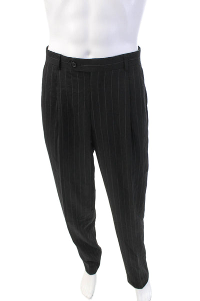 Emanuel Ungaro Mens Lined Collar Striped Suit Blazer Pants Set Black Size EUR 40
