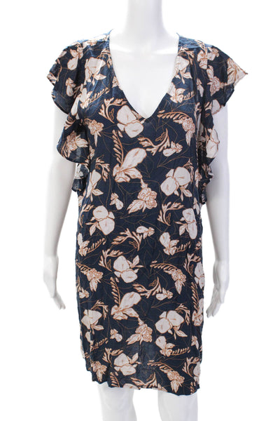 Splendid Womens V-Neck Floral Print Ruffled Sleeve Dress Dark Blue Size L