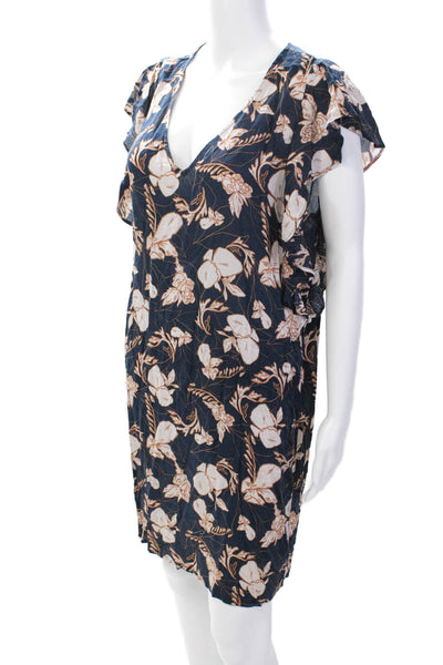 Splendid Womens V-Neck Floral Print Ruffled Sleeve Dress Dark Blue Size L