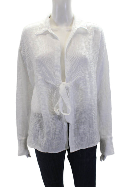 Sundry Women's Collared Long Sleeves Cotton Wrap Blouse White Size XS