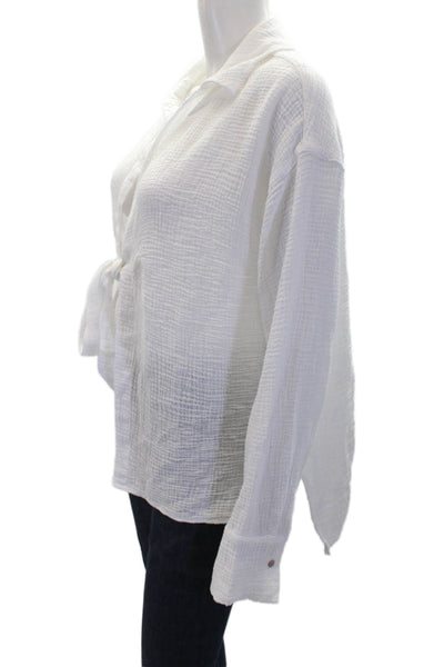 Sundry Women's Collared Long Sleeves Cotton Wrap Blouse White Size XS