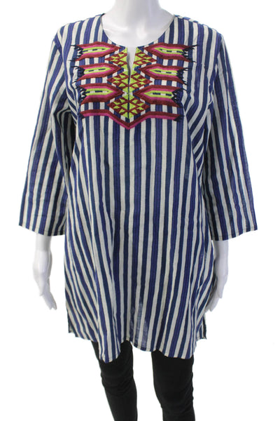 Roller Rabbit Womens 3/4 Sleeve Striped Embroidered Tunic Top White Navy Large
