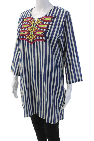Roller Rabbit Womens 3/4 Sleeve Striped Embroidered Tunic Top White Navy Large