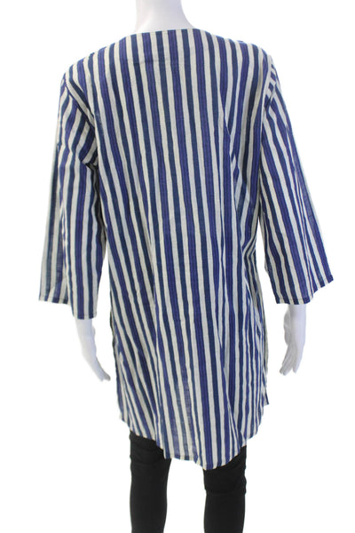 Roller Rabbit Womens 3/4 Sleeve Striped Embroidered Tunic Top White Navy Large