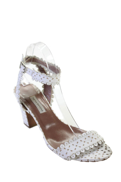 Tabitha Simmons Women's Scallop Ankle Buckle Block Heels Sandals White Size 39.5