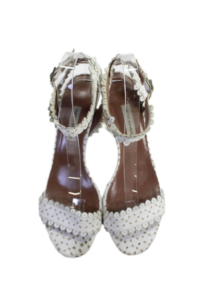 Tabitha Simmons Women's Scallop Ankle Buckle Block Heels Sandals White Size 39.5