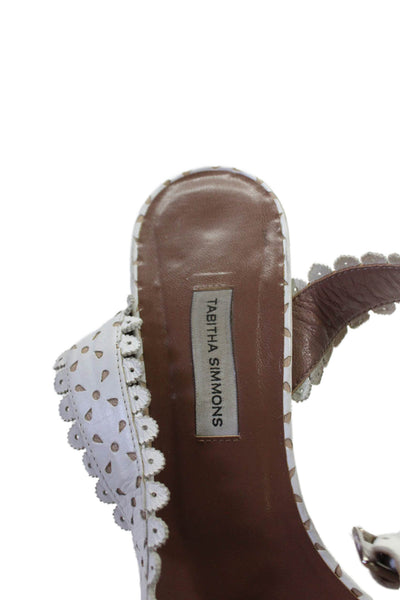 Tabitha Simmons Women's Scallop Ankle Buckle Block Heels Sandals White Size 39.5