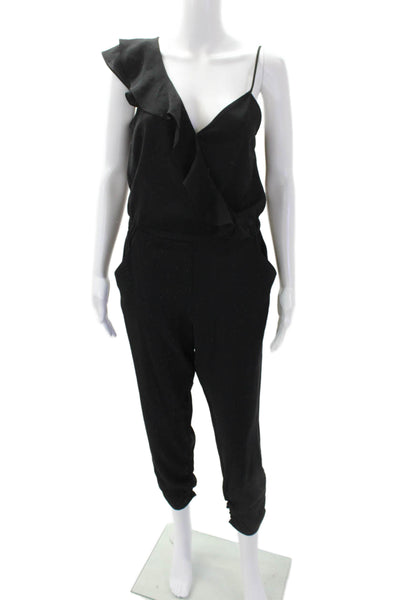Parker Women's V-Neck Spaghetti Straps Ruffle Tapered Leg Jumpsuit Black Size 4