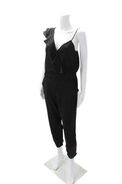 Parker Women's V-Neck Spaghetti Straps Ruffle Tapered Leg Jumpsuit Black Size 4