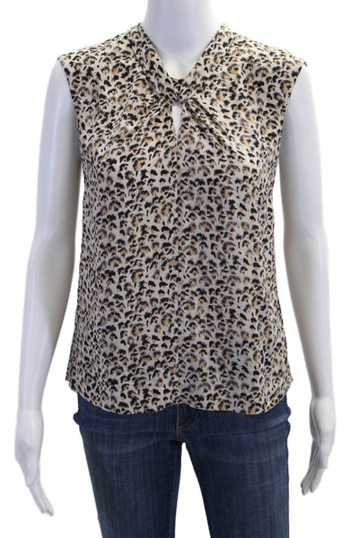 Rebecca Taylor Womens Silk Leopard Print Pleated Crew Neck Blouse Top Brown Sz 4