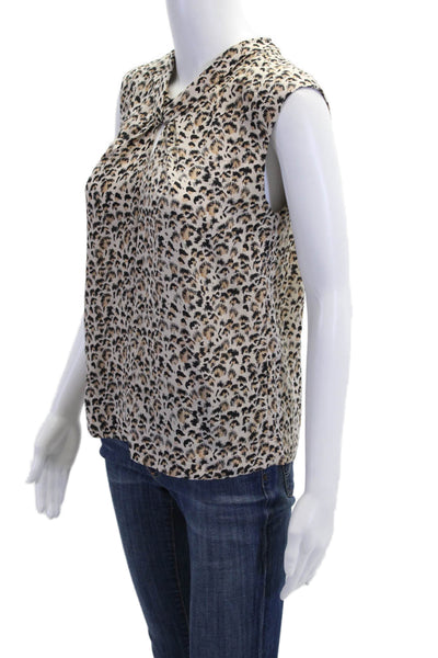 Rebecca Taylor Womens Silk Leopard Print Pleated Crew Neck Blouse Top Brown Sz 4