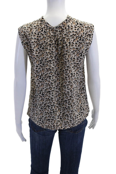 Rebecca Taylor Womens Silk Leopard Print Pleated Crew Neck Blouse Top Brown Sz 4
