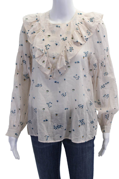 Warm Womens Cotton Floral Ruffle Crew Neck Long Sleeve Blouse Top Beige Size 1