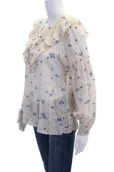 Warm Womens Cotton Floral Ruffle Crew Neck Long Sleeve Blouse Top Beige Size 1