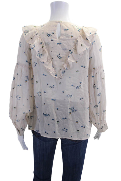 Warm Womens Cotton Floral Ruffle Crew Neck Long Sleeve Blouse Top Beige Size 1