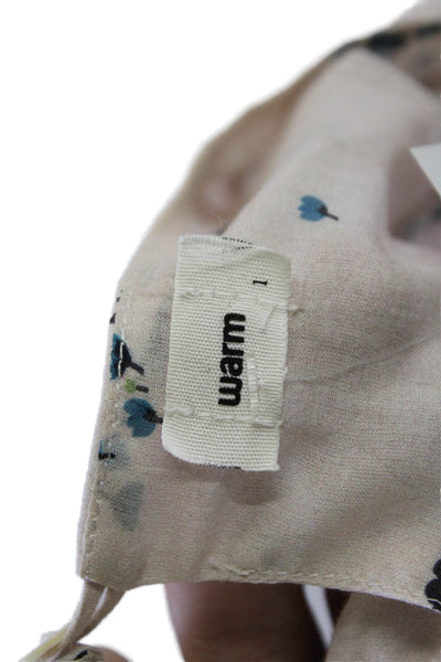 Warm Womens Cotton Floral Ruffle Crew Neck Long Sleeve Blouse Top Beige Size 1