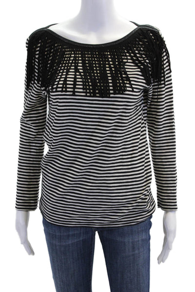 Maje Womens Cotton Striped Fringe Detail Boat Neck Long Sleeve Top Black Size 2